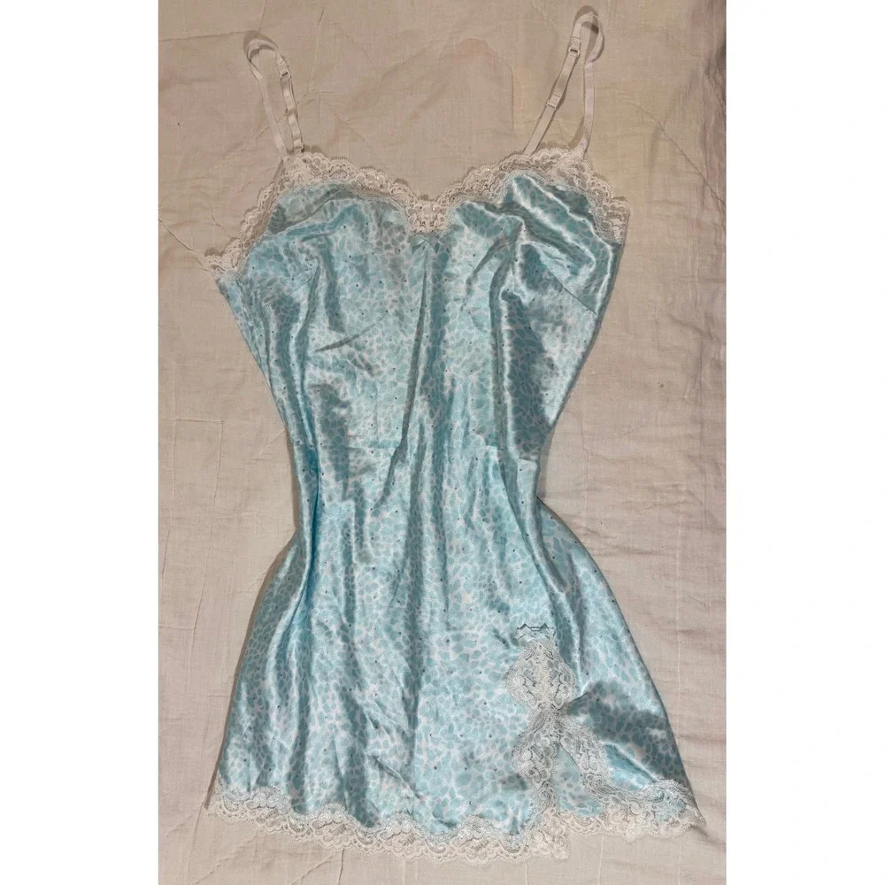 Victorias Secret Blue Leopard Satin Lace Trim Slip Dress Med Rhinestone Nighty